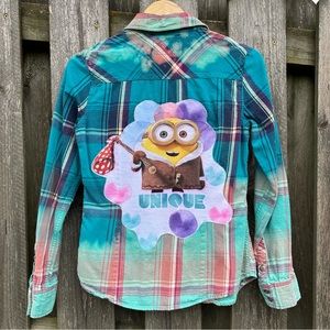 Upcycled Bleached plaid flannel Minion Unique flannel shirt Upcycled handcrafted